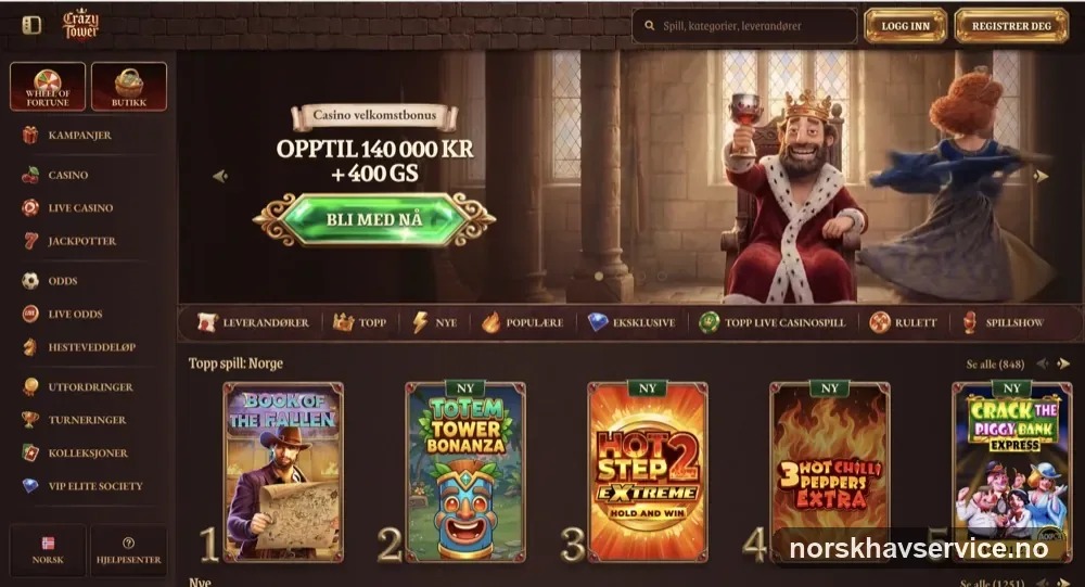 Skjermbilde av forsiden til Crazytower Casino med velkomstbonus opptil 140 000 kr