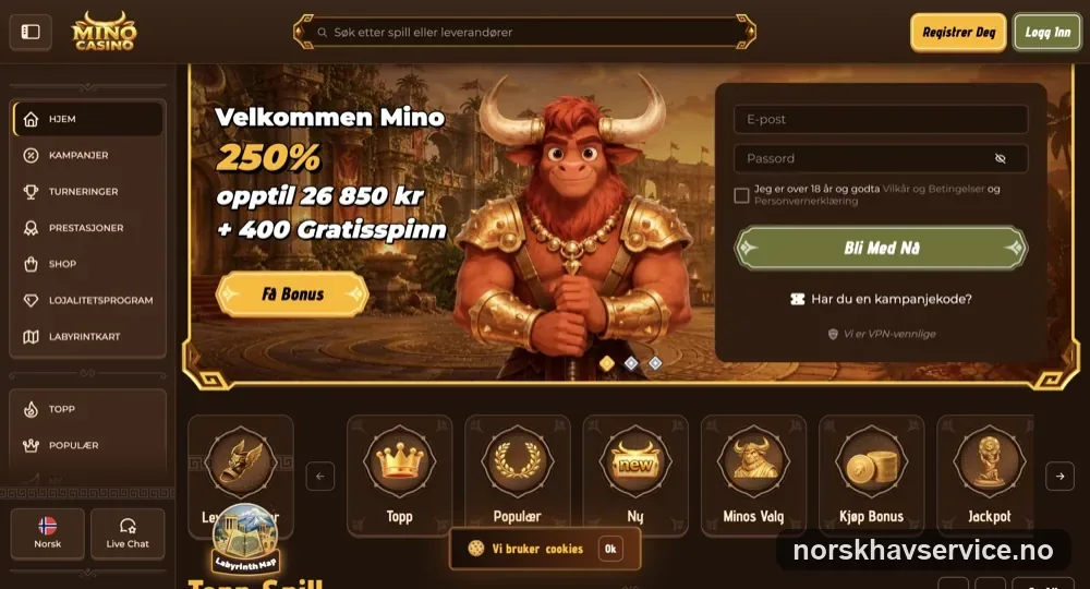 Skjermbilde av forsiden til Mino Casino med velkomstbonus og spillutvalg