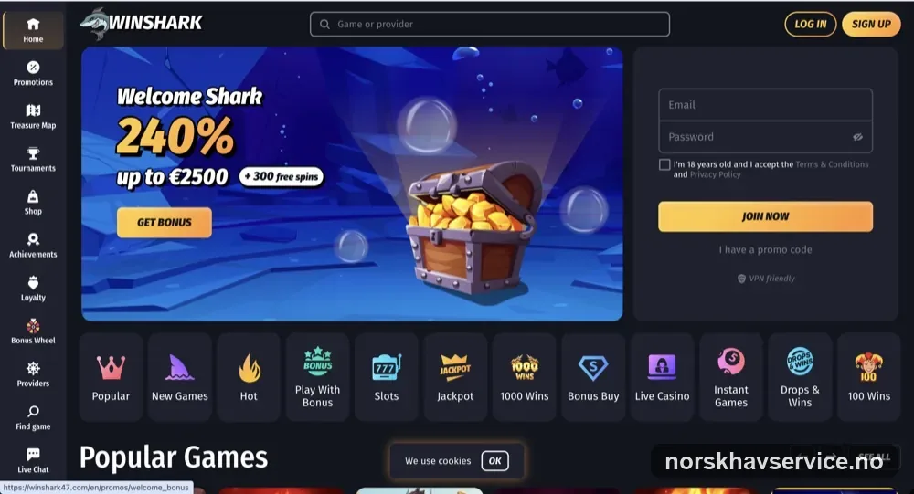 Skjermbilde av forsiden til Winshark Casino med velkomstbonus på 240 % opptil 30 000 kr